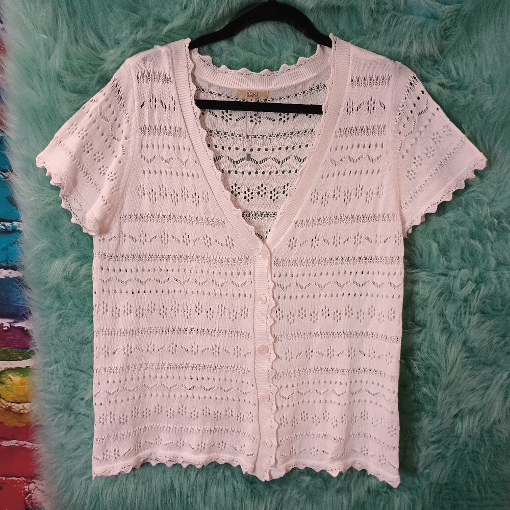Kori America White Short Sleeve V-Neck Button Down Knit Top Size S